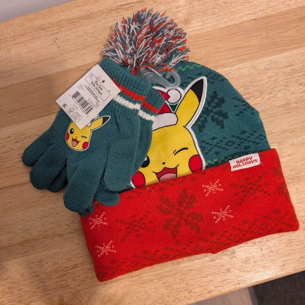 Pikachu Kids Winter Hat and Gloves Set - Red and Green Brand New With Tag